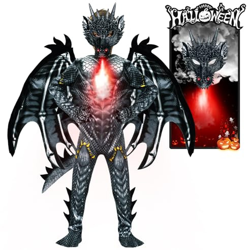 digi Dragon Costume for kids,Halloween costume Scary Dragon Full Body Jumpsuit with Wings Tail Spikes for boy 4-12 -Black
