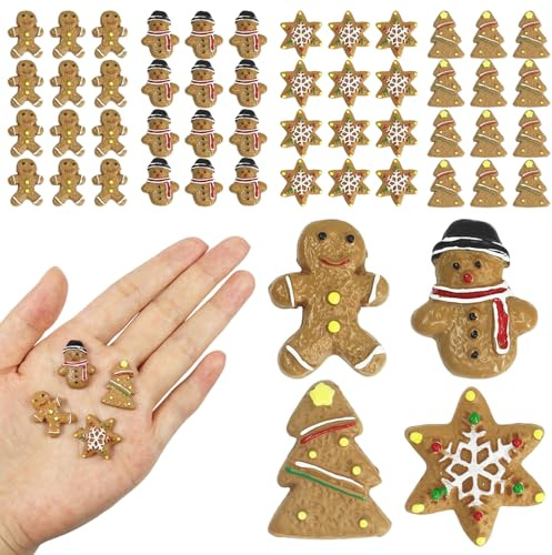 Booaee Tomtetillbehör jul, 48 stycken miniatyrfigurer dekoration med pepparkaksgubbe, snögubbe, stjärnor, julgran, djurfigur, julfigurer, miniatyr, trädgård, dekoration, tårtprydnad, skrivbordsprydnad