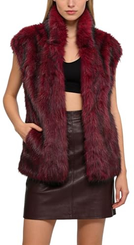 Amazhiyu Gilet in pelliccia da donna, senza maniche, lungo, in pelliccia sintetica, per autunno e inverno, con tasche, Colore: rosso, M