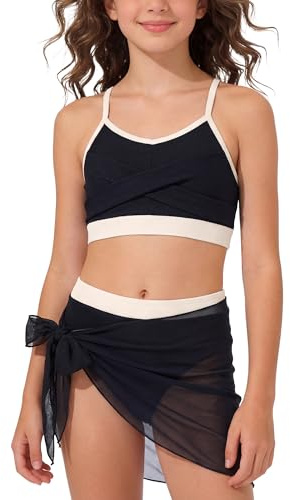 SEAUR Conjunto de bikini de bloque de color para niñas, ajustable, con almohadilla extraíble, traje de baño con cubierta para 9-16 años
