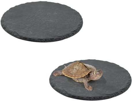 2 stycken reptiler solplats av rund skifferplatta, skål för bad, vila och utfodring, naturliga stentillbehör för sköldpaddor, ödlor, geckos, ormar och grodor, 14,5 x 14,5 cm