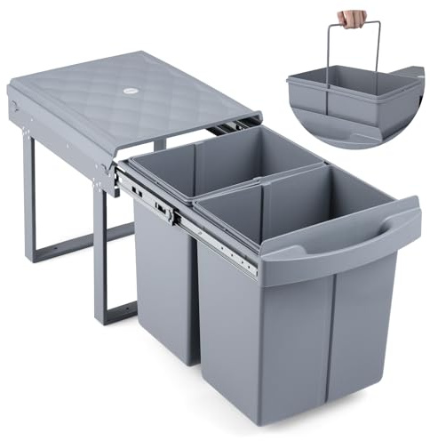 COSTWAY 40L Pull Out Kitchen Bin, 2 x 20L Built in Trash Can Under Cabinet with Lid and Handle, Sliding Recycle Waste Bin for Waste Sorting System, Grey