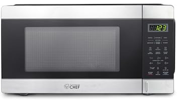 COMMERCIAL CHEF 1.1 Cu Ft Microwave with 10 Power Levels, Small Microwave with Push Button, 1000W Countertop Microwave with Kitchen Timer, Door Lock, & Digital Controls, Stainless Steel