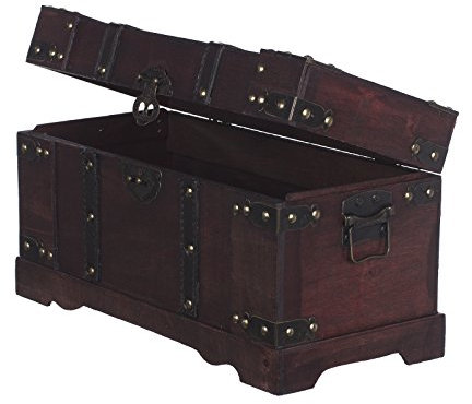 Coffre en bois de qualité supérieure et de style colonial - Avec finition en métal et lainière en cuir - Aspect antique - FD00387--, Bois/métal, Bois vieilli, Größe M 40cm x 19cm x 22cm