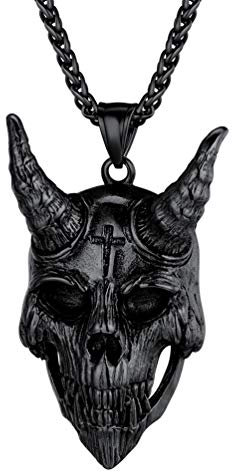 PROSTEEL Ziege Horn Schädel Anhänger Halskette schwarz Satan Verehrung Glückbringer Amulett mit 55+5cm Weizenkette für Männer Jungen religiöser Modeschmuck für Weihnachten Geburtstag