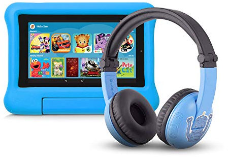 Fire 7 Kids Edition Tablet | 7 Display, 16 GB, Blue Kid-Proof Case + Made for Amazon Bluetooth BuddyPhones, PlayTime in Blue – Ages (3-7)