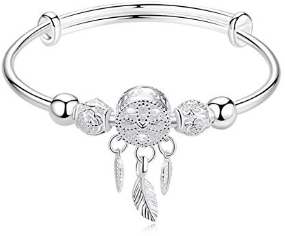 QIN Plata atrapasueños Borla Pluma Encanto Pulsera y Brazalete para Mujer Accesorios de joyería