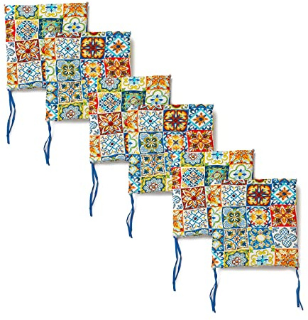 PARAMAISON Cuscini Sedia Maiolica 4 Punti, Fissaggio con Laccetti, Set da 6 pezzi, Imbottito, Non Sfoderabile, Fantasia Verde, 40x40x3,5 cm