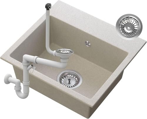 Évier Cuisine Encastrable 45x42 cm - en Granit avec Siphon - Milos - Évier 1 Bac avec Trous Pré-percés - Beige - Granitan