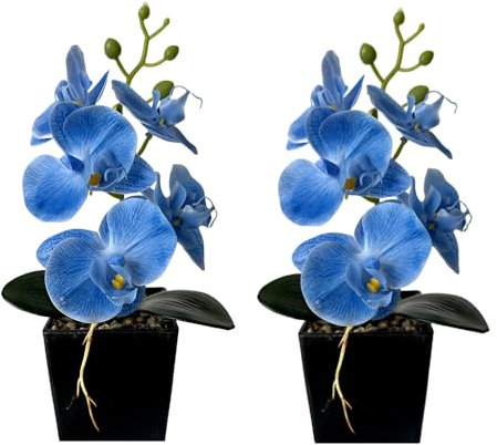 XIZHI 2 Pack Artificial Orchid Flowers with Vase,10 Inches Artificial Plant Bonsai Silk Flowers Butterfly Orchid with Pot for Wedding Office Home Decor Indoor Centerpieces (Blue)