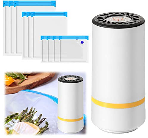 Domigard Pompa Sottovuoto Alimenti, Portatile Mini Macchina Per Sottovuoto per Conservare Alimenti Freschi con 10 Sacchetti Sottovuoto 2 Clip e 1 USB,Uso Domestico Elettrica Sigillatrice Sottovuoto