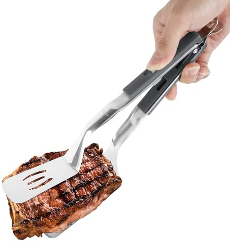 Extended Handle Spatula Tongs, 11.6 Inch Long Anti-Scald Stainless Steel Grill Clamp Spatula Food Flipping Cooking Serving Tongs Spatula for Steak Pancakes Barbecue Burgers Pizza (Gray)