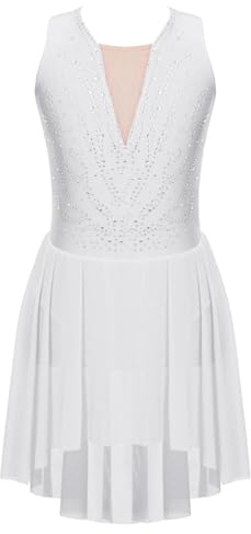 ranrann Enfant Fille Robe Patinage Artistique sans Manches Strass Justaucorps Gymnastique Danse Bodysuit 5-16 Ans Blanc 7-8 Ans