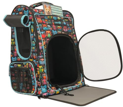 Rucksack für Hunde und Katzen, Maxim 5kg, Ergonomischer Träger mit Belüftung, Transport-Rucksack, Paseos Y Aventuras, Ideal für Reisen (Blaue Eulen)