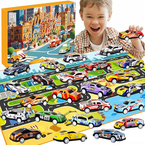 Calendrier de l'Avent 2025 en forme de voitures, calendrier de compte à rebours de Noël pour garçons, 24 pièces voitures de course à rétrofriction pour enfants, petits cadeaux pour bas de Noël et