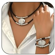Angyape Juego de collar y pulsera bohemia, pulseras de cuero multicapa vintage, collares con cuentas de plata, collar y pulsera, conjunto de collar y pulsera, gargantilla gótica punk, joyería bohemia,