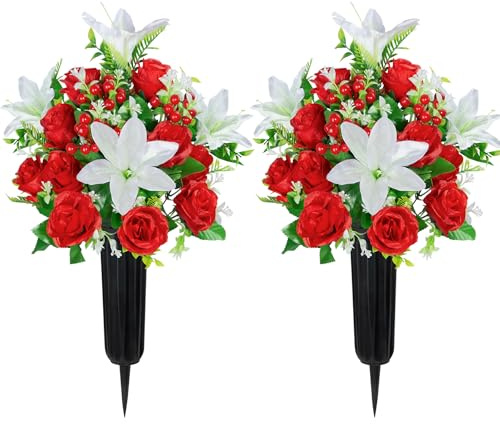 LaLamona Artificial Cemetery Flowers with Vase, Set of 2 Rose Lily Bouquet Graveside Decoration, Artificial Memorial Flowers for Easter Mother's Day Arrangements