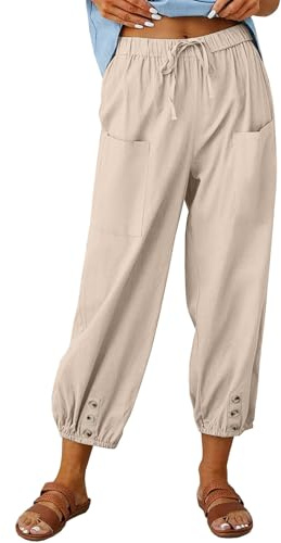 Yutdeng Ladies Cotton Linen Trousers Womens 7/8 Length Cropped Trousers Summer Casual Lightweight Beach Pants Loose Fit with Elastic Waist and Pockets Baggy Harem Lounge Pants