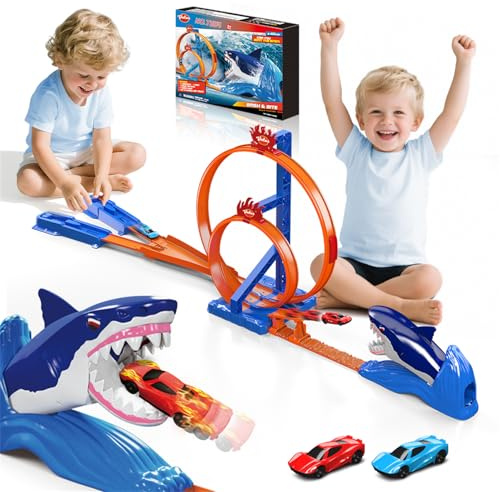 Vatos Circuito di Corsa Squalo per Bambini con 2 Auto da Corsa e 2 Fibbie, Circuito di Cascate Catapulta Squalo, Giocattolo Regalo per Ragazzi 3, 4, 5, 6, 7, 8 Anni