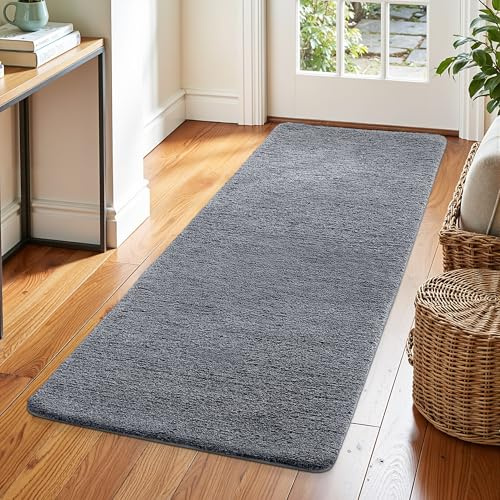 DEXI Runner Rugs for Hallway 60 x 180 cm, Non-slip Dirt Trapper Door Mat Indoor, Machine Washable, Super Absorbent Entrance Mats Soft Floor Carpet Rug, Grey-Blue