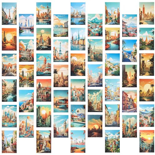 Cunegra 50PCS Vintage Travel Postcard Set, Illustrated World Landmark Postcards, Retro Travel Postcards Mixed Multipack, Around the World Destinations in Vintage Art Style