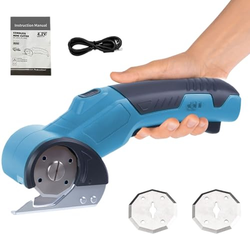 Cordless Cardboard Cutter, 4V Rechargeable Electric Scissors 280RPM Electric Box Cutter with Light, 2 Blades Handheld Rotary Cutter with Safety Lock for Cardboard, Leather, Carpet, Box, Plastic