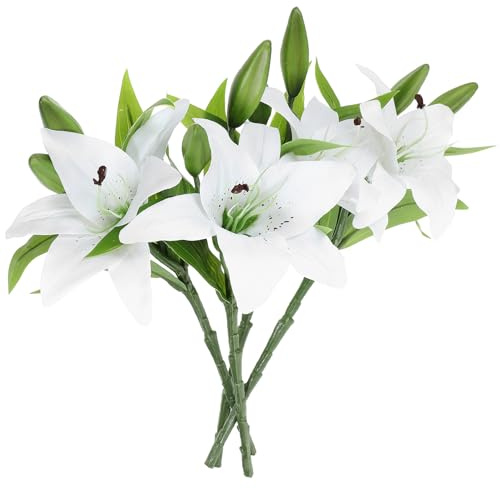GALPADA Bouquet di Gigli Artificiali Realistici 4 Pezzi Fiori di Giglio Finti Bianchi Decorativi per Matrimoni Composizioni Floreali per Feste e Arredamento Casa