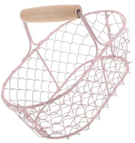 TOYANDONA Cesta de huevos de metal con mango de madera, cesta de alambre rosa para almacenamiento de huevos, ventilada y portátil, organizador de cocina rústica para frutas y verduras