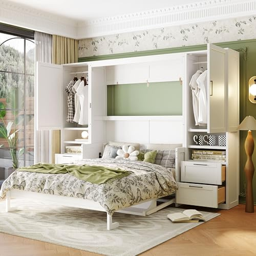 Merax Queen Size Murphy Bed with Desk, Closet, Drawers and Shelves, Fold into the Wall, Space-Saving Foldable Wood Platform Bed Frame for Small Spaces Studio Study Office Guest Room, White