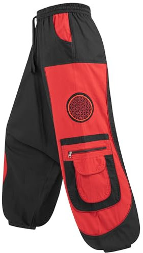 Kunst und Magie Flower of Life Hippie Haremshose Goahose Cargohose, Größe:4XL, Farbe:Schwarz/Rot