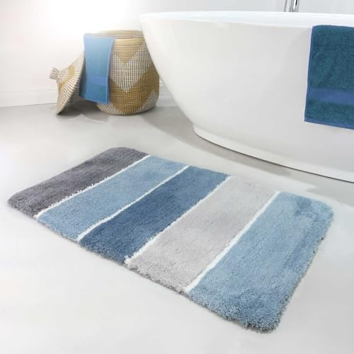 Homie Living Badteppich, Badematte kuscheliger Flauschiger weicher Flor l rutschfest und Waschbar Rio Marina (70 x 120 cm, Blau Grau)