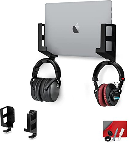 BRAINWAVZ Laptop Wall Mount and Headphone Hanger Holder, Adhesive & Screw-in, 3 Wide for Modem, Router, Mesh, TV Cable Box, Network Switch & More, Black