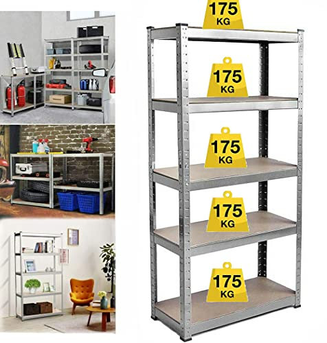 Garagenregale, Schwerlastlast mit 5 Ebenen, 170 x 75 x 30 cm, Kapazität 875 kg (175 kg/Regal), verstellbare Brettern, verstärkter Stahlrahmen, 5 Jahre Garantie (Silber)