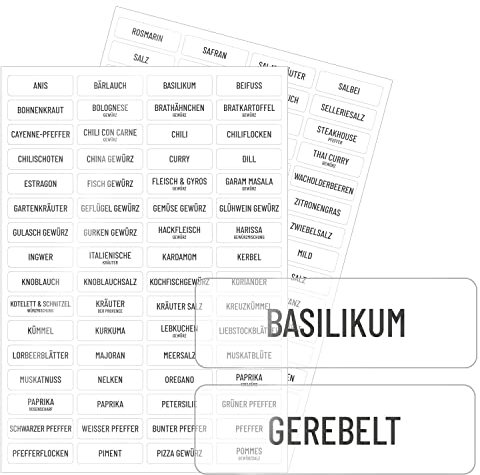 Gewürze Aufkleber-Set I klare Folie I mit vorgedruckten Eigenschaften I 128 Sticker zum beschriften I selbstklebend I schwarz I klare Gewürzetiketten I für die Küche I eckig I dv967
