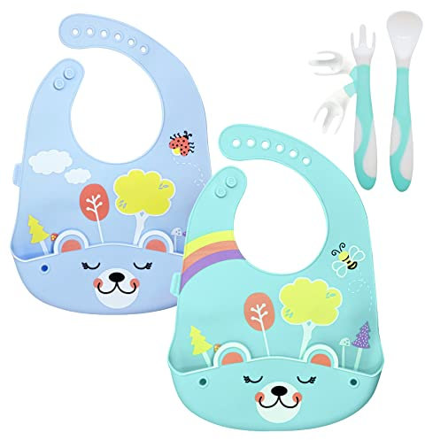 Brunoko Set de 2 Bavoirs Silicone + Couverts 3 en 1 - Bavoir Étanche + Ustensile Bambin (Cuillère & Fourchette) - Set Repas Bébé Sans BPA - Passe au Lave-Vaisselle