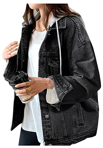LifeShe Giacca di jeans da donna con cappuccio oversize invecchiato giacche di jeans con cappuccio, nero, Large
