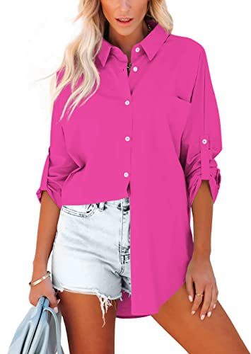 Homlan Damblus, bomull, långärmad, rollup, eleganta toppar, lediga skjortor, knapprad, enfärgad, långärmad skjorta, tunika, skjortblus med bröstfickor, Rosa röd, XXL