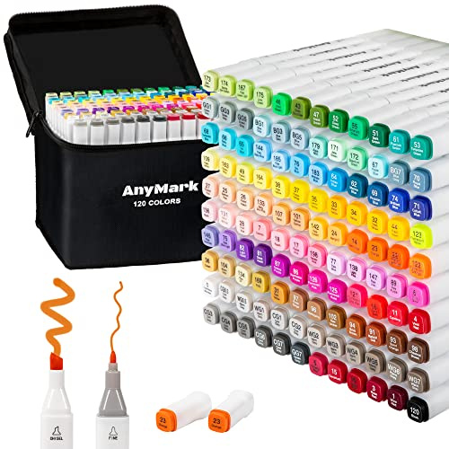 AnyMark Rotuladores Alcohol, 120 Colores, Punta Biselada y Punta Fina | Marcadores Alcohol para Adultos, Bocetos, Cómics, Colorear e Ilustración, Cuerpo Blanco