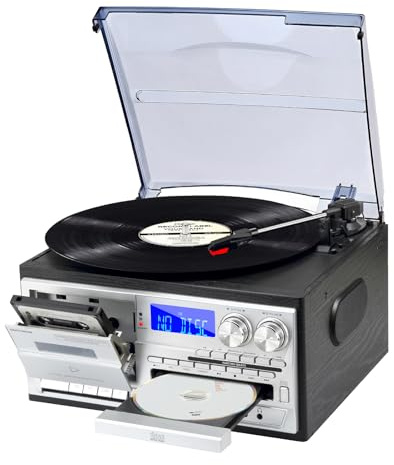 MUSITREND 9 in 1 Record Player with External Speakers,3 Speed Bluetooth Turntable Vinyl Player with CD/Cassette Play,AM/FM Radio, USB SD/MMC Play, Aux-in/RCA Line Out