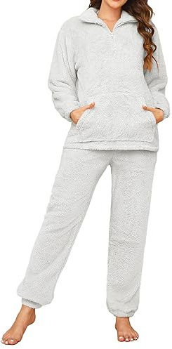 Tuopuda Pigiama Donna Invernale Pigiami Due Pezzi, Pigiama Pile da Casa con Tasche Zip Felpa Manica Lunga e Pantalone Lungo, Indumenti da Notte Sleepwear