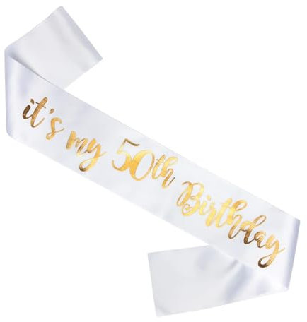 Happium Écharpe d'anniversaire en satin avec inscription « It's My 50th Birthday » pour décoration de fête d'anniversaire Doré sur blanc