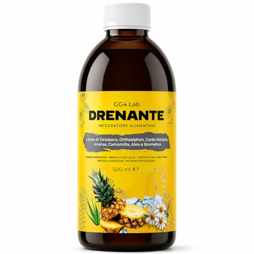 GG4Lab Drenante Forte Liquido 500ml | Drenaggio Linfatico e Gambe Leggere | con Aloe, Tarassaco, Orthosiphon, Cardo Mariano, Bromelina dell'Ananas | Gusto Arancia 25 Dosi | Made in Italy