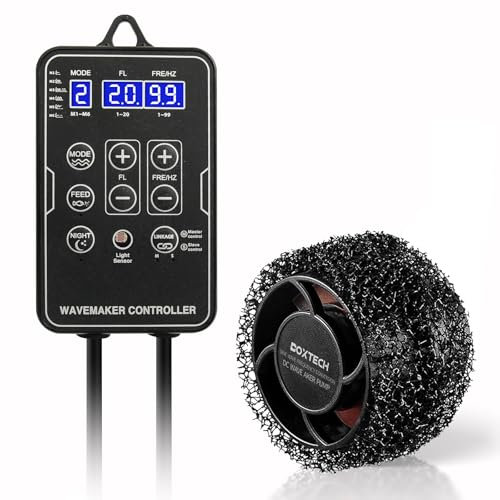 boxtech Aquarium Strömungspumpe 8000L/H,Fische Wellenpumpe, Aquarien WaveMaker,10 W DC 24V mit starkem Magnetsaugfuß, Umwälzwasserpumpe mit Controller und LED-Anzeige (10 W)