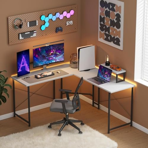 CAIYUN Corner Desk, 50 L Shaped Gaming Desk with Removable Monitor Stand, Computer Desk for Home Office, Metal Frame, White