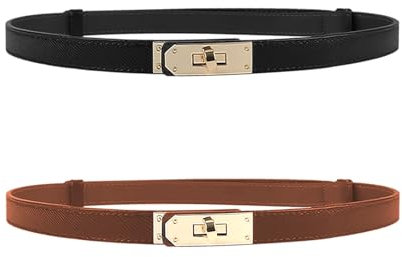 Kapokr 2 Stück Schmaler Damen Gürtel Leder Verstellbarer Belt Women mit Verschlussschnalle aus Legierung für Jeans, Hosen, Kleider, Mäntel (2 Farben)