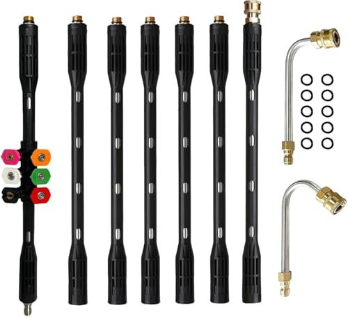 YUET Varita de extensión para lavadora a presión, paquete de 9 lanzas de lavado eléctrico con 6 puntas de boquilla de pulverización, accesorio de limpiador de canalones, varilla curvada, conexión