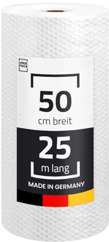 LOGIC PACK Luftpolsterfolie Rolle für Verpackung, Versand und Umzug 25m x 50 cm - Bubble Wrap Verpackunsgmaterial, 100% recyclingfähig, leicht zu schneiden, 2-schichtig 60my