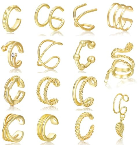 SULIUDAJI 15 Pezzi Oro Ear Polsini per le donne Non piercing orecchino del polsino dell'orecchio Clip Orecchini delle donne Ear Polsini & Wraps Chunky Ear Cuff,Orecchini Senza buco Donna