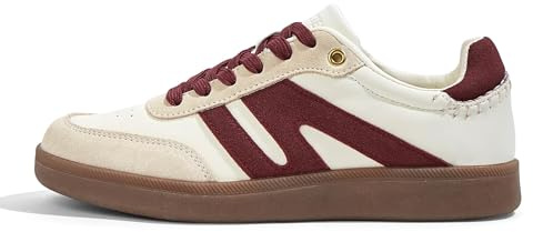 LUCKY STEP Women Classic Retro Gum Sole Fashion Sneakers Casual Tennis Skate Shoe Genuine Leather Walking Footwear Anti Slip Trainers(Beige/Red,6.5)