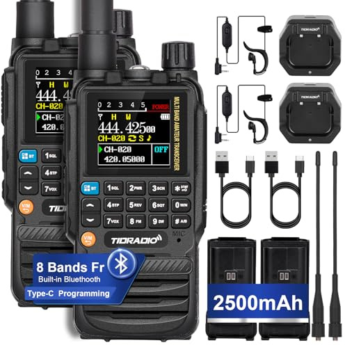TIDRADIO TD-H3 Ham Radio Transceiver, APP/Web Bluetooth Programming, 8-Band, Freq Copy, DTMF, NOAA Weather, 2500mAh, Airband, Two Way Radio Long Range Amateur Radio for Emergency Hiking Camping-2 Pack
